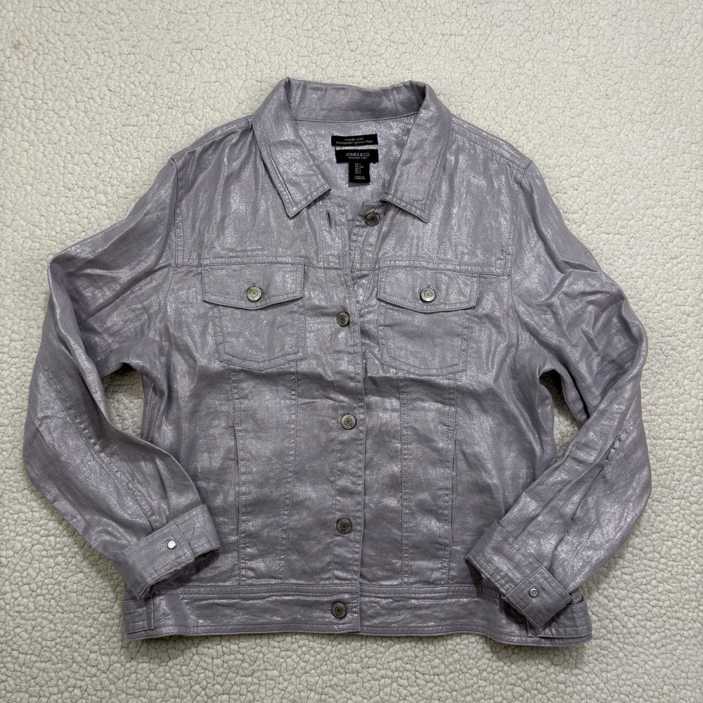 Jones & Co 100% Linen Metallic Lavender Trucker Jacket European Flax Size Large